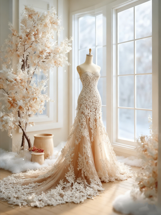 Fabulous Strapless Mermaid Bridal Gowns Appliques Tulle Wedding Dress AP4290