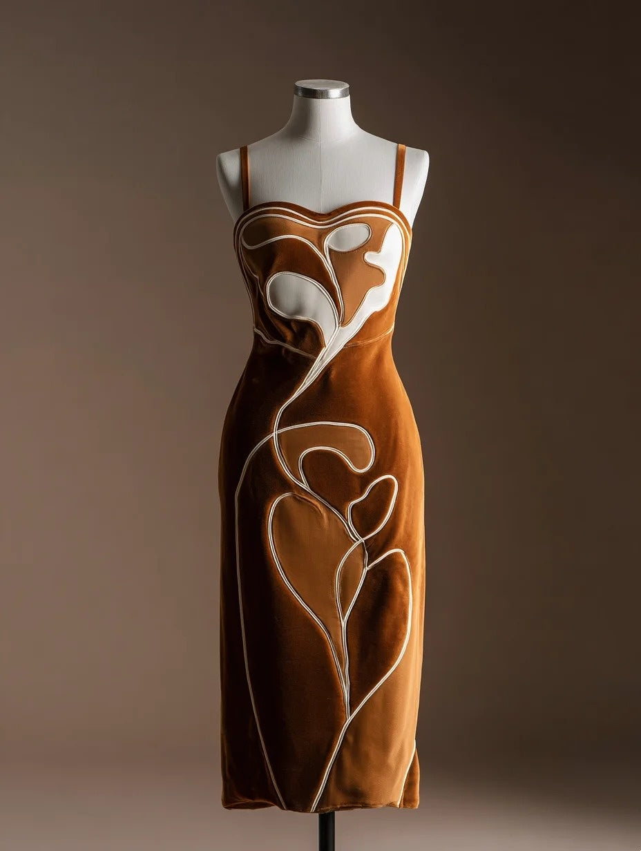 Graceful Spaghetti Strap Sheath Birthday Gowns Latte Art Style Velvet Midi Homecoming Dress AP4295