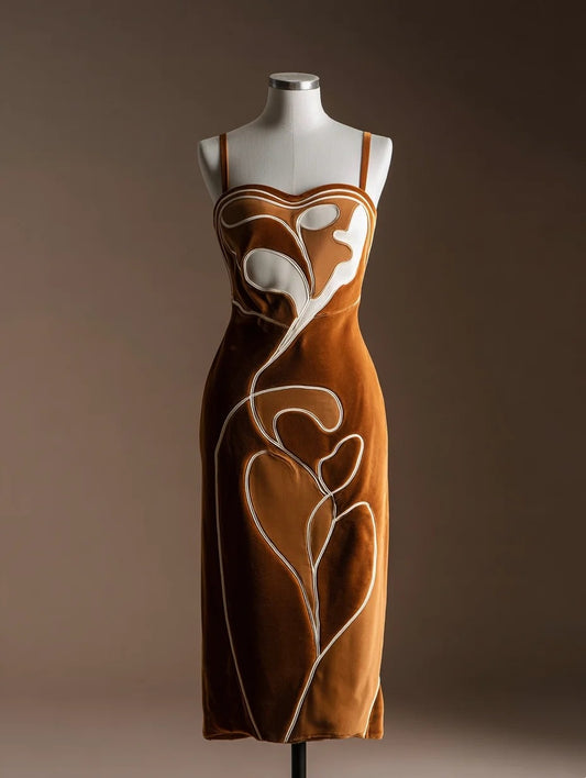 Graceful Spaghetti Strap Sheath Birthday Gowns Latte Art Style Velvet Midi Homecoming Dress AP4295