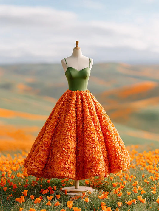 Vintage A-Line Spaghetti Strap Sweet 16th Dresses Petals Color-Blocked Prom Dress AP4301