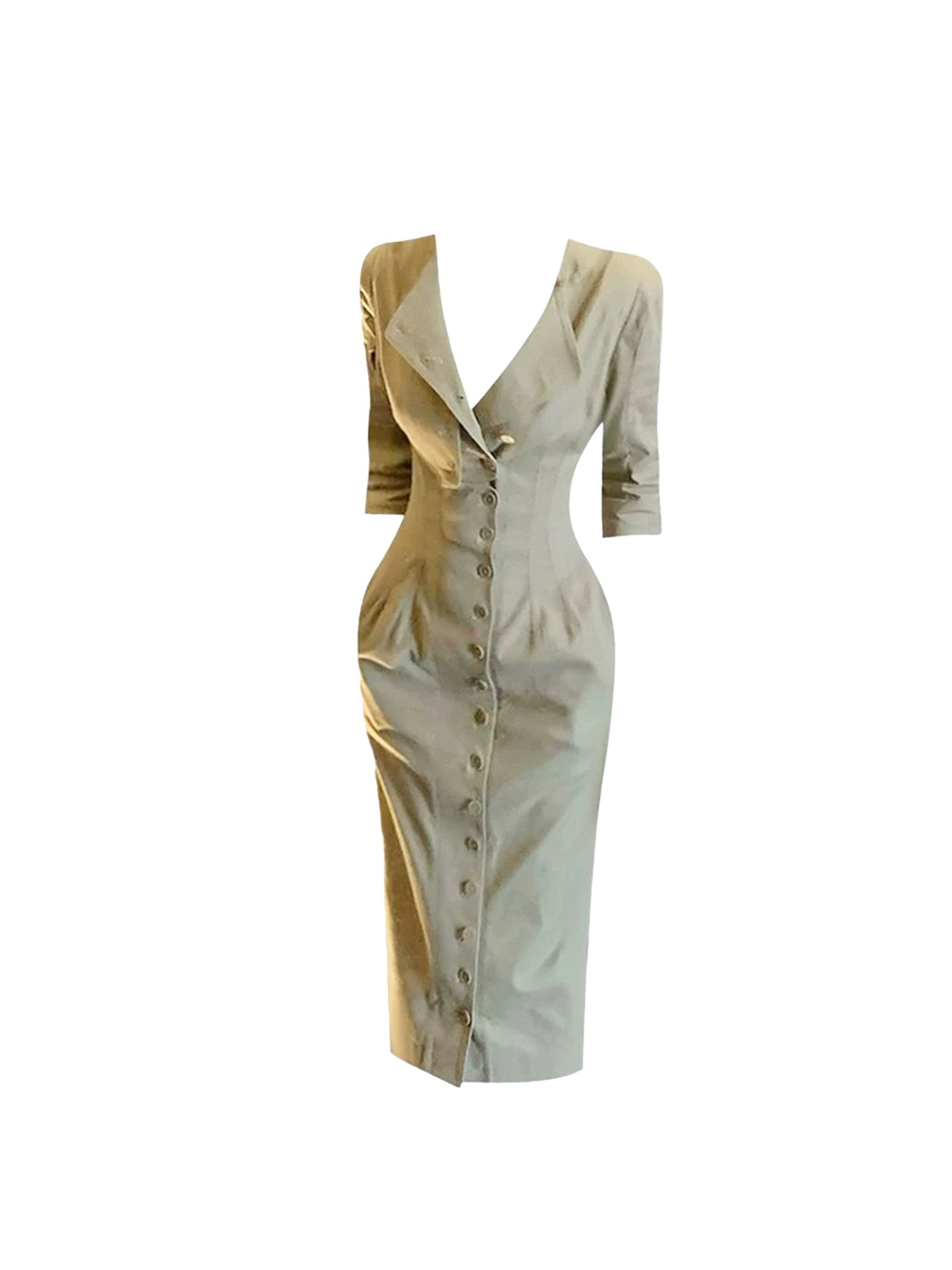 Classical Sheath V Neck Midi Dress Vintage Long Sleeve Button Front Design Long Dress AP4304