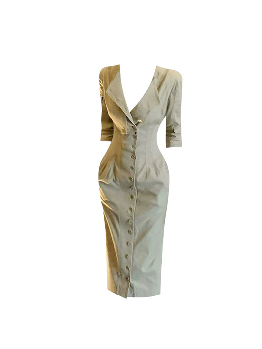 Classical Sheath V Neck Midi Dress Vintage Long Sleeve Button Front Design Long Dress AP4304
