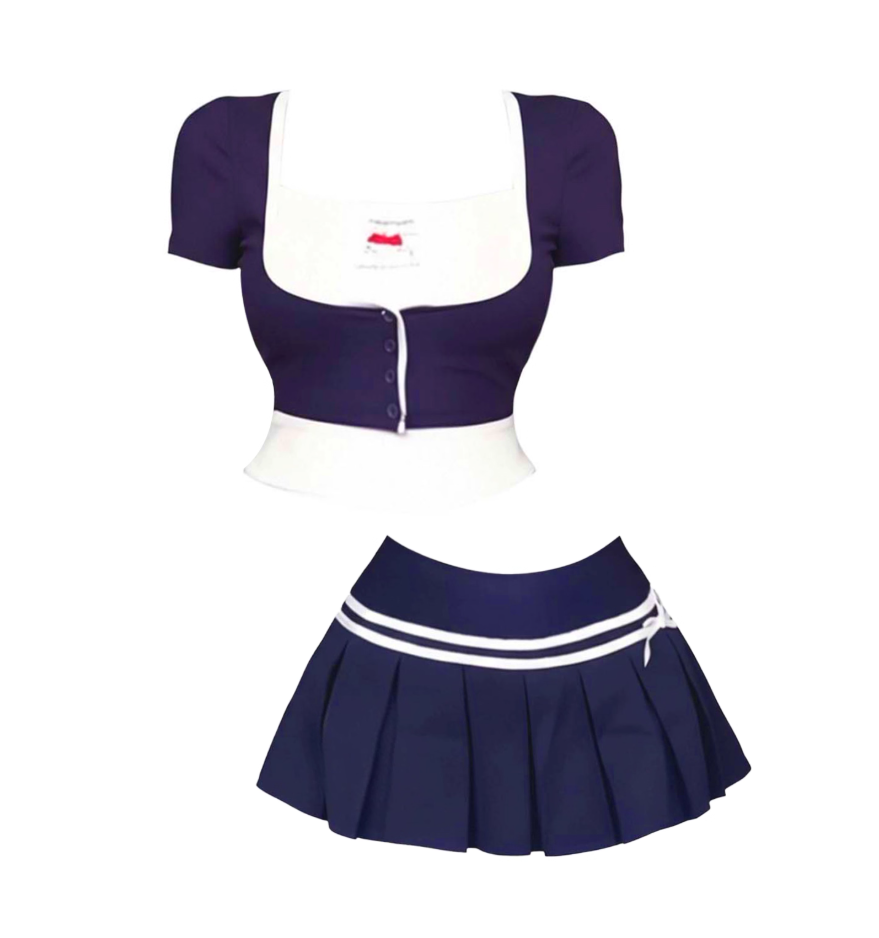 Alluring A-Line Square Neck 2-Piece Set Mini Skirt Vogue Short Sleeve Pressed Pleat Short Dress AP4306