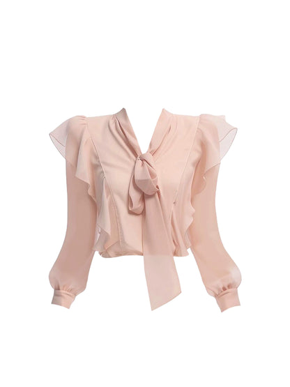 Ethereal V Neck Bodycon 2-Piece Set Mini Skirt Dreamy Ruffles Chiffon Long Sleeve Blouse Lace Trim Short Dress AP4307