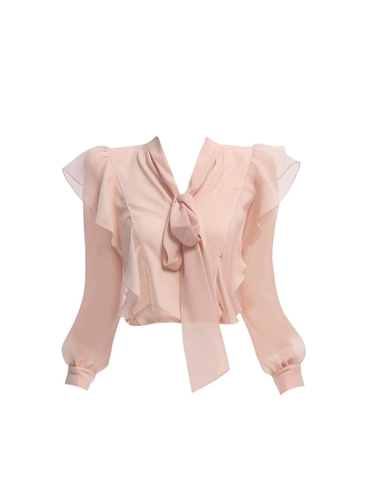 Ethereal V Neck Bodycon 2-Piece Set Mini Skirt Dreamy Ruffles Chiffon Long Sleeve Blouse Lace Trim Short Dress AP4307