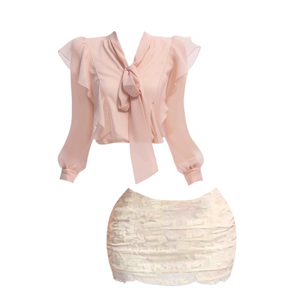 Ethereal V Neck Bodycon 2-Piece Set Mini Skirt Dreamy Ruffles Chiffon Long Sleeve Blouse Lace Trim Short Dress AP4307