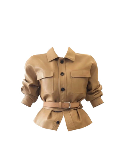 Glamorous Lapel Neck Bodycon 2-Piece Set Mini Skirt Vintage Leather Long Sleeve Casual Short Dress AP4311