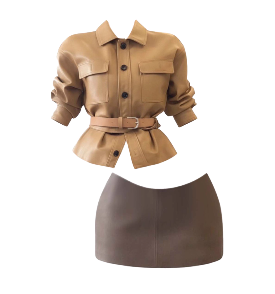 Glamorous Lapel Neck Bodycon 2-Piece Set Mini Skirt Vintage Leather Long Sleeve Casual Short Dress AP4311