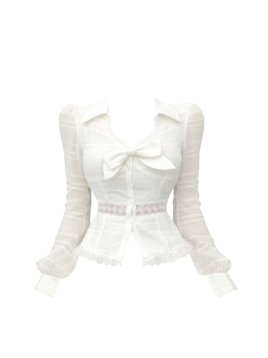 Dramatic White Lace Trim A-Line 2-Piece Set Mini Skirt Dreamy Long Sleeve V Neck Bow Accent Short Dress AP4312