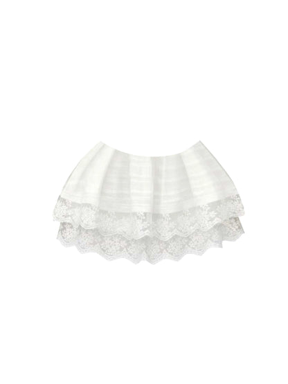 Dramatic White Lace Trim A-Line 2-Piece Set Mini Skirt Dreamy Long Sleeve V Neck Bow Accent Short Dress AP4312