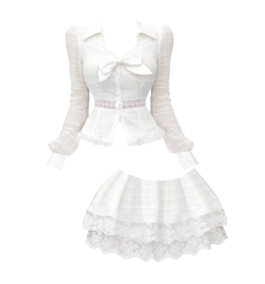 Dramatic White Lace Trim A-Line 2-Piece Set Mini Skirt Dreamy Long Sleeve V Neck Bow Accent Short Dress AP4312