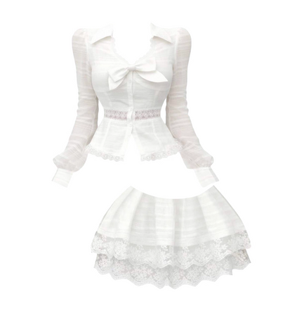 Dramatic White Lace Trim A-Line 2-Piece Set Mini Skirt Dreamy Long Sleeve V Neck Bow Accent Short Dress AP4312
