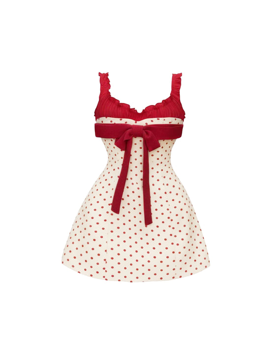 Stunning Polka Dots Spaghetti Strap Ruffles Mini Skirt Adorable A-Line Bow Design Short Dress AP4313