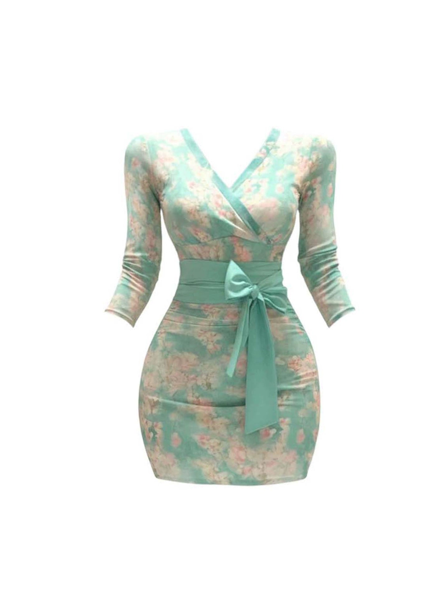 Novelty Bodycon Bow Accent V Neck Mini Skirt Vibrant Long Sleeve Floral Print Short Dress AP4314