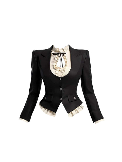 Unique A-Line 3-Piece Set Ruffles Trim Mini Skirt Hottie Black Long Sleeve Cutout Jewel Neck Short Dress AP4315