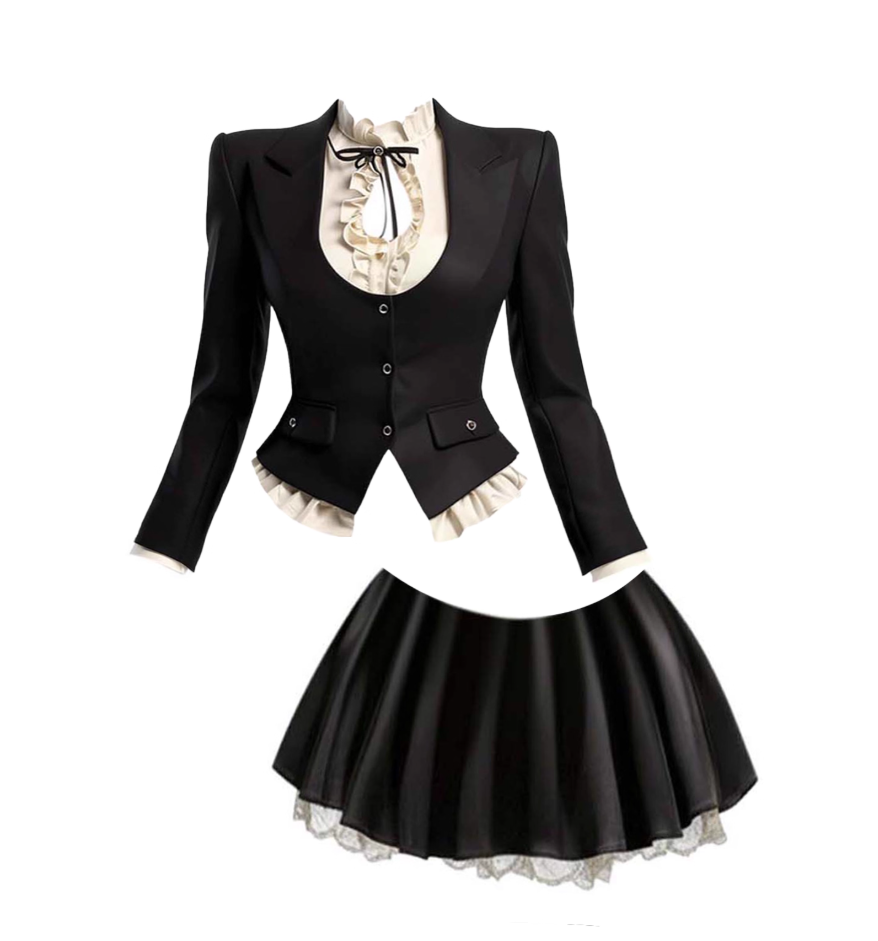 Unique A-Line 3-Piece Set Ruffles Trim Mini Skirt Hottie Black Long Sleeve Cutout Jewel Neck Short Dress AP4315