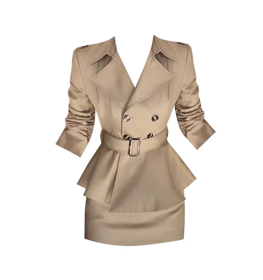 Fashionable V Neck 2-Piece Set Mini Skirt Retro Button Front Design Long Sleeve Bodycon Short Dress AP4316