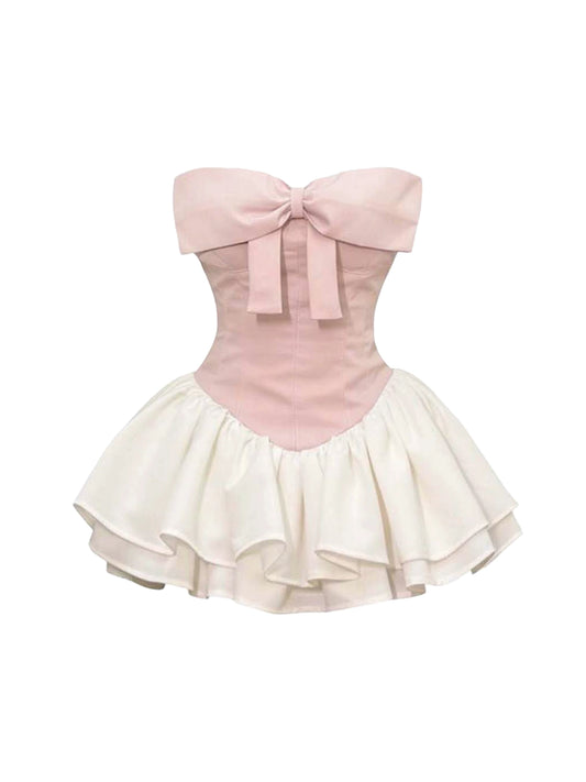 Vibrant Strapless Tiered Tulle Cinched-Waist Mini Skirt Adorable Pink & White A-Line Short Dress AP4317