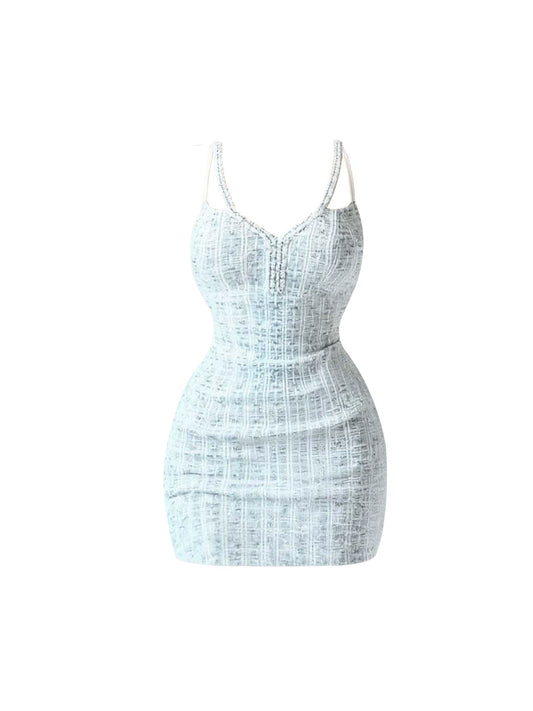 Dopamine Style Beading Spaghetti Strap Mini Skirt Cute Bodycon Tweed Sleeveless Short Dress AP4322