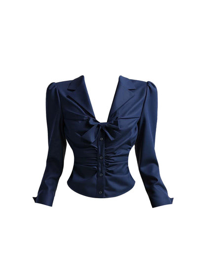 Adorable A-Line 2-Piece Set Mini Skirt Vogue Long Sleeve Bow Accent V Neck Short Dress AP4323