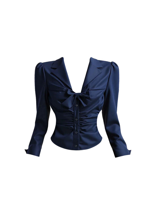 Adorable A-Line 2-Piece Set Mini Skirt Vogue Long Sleeve Bow Accent V Neck Short Dress AP4323