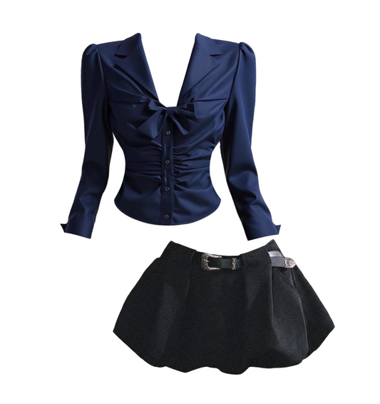 Adorable A-Line 2-Piece Set Mini Skirt Vogue Long Sleeve Bow Accent V Neck Short Dress AP4323