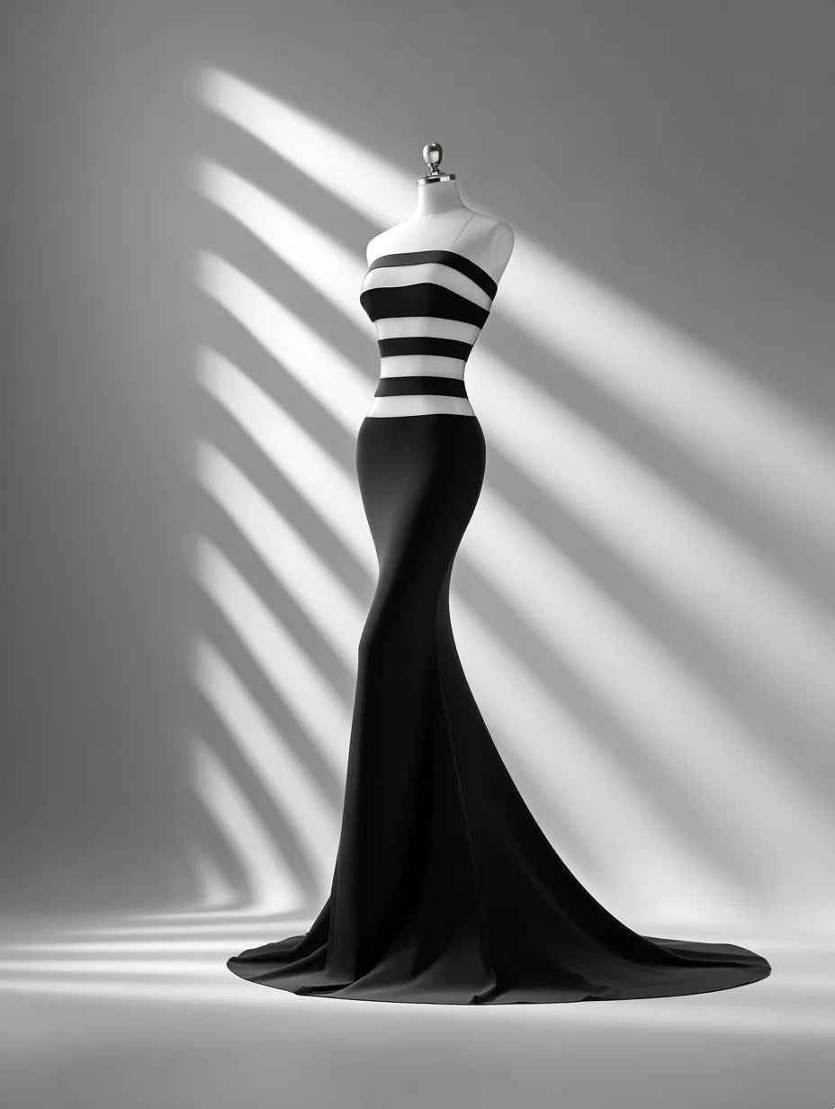 Fitted Strapless Mermaid Evening Gowns Color-Blocked Stripe Prom Dress AP4326