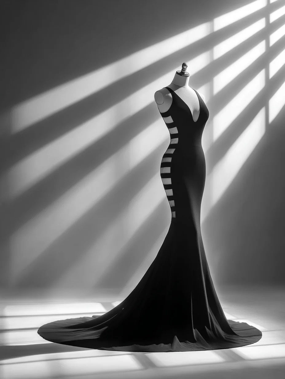 Trendy V Neck Mermaid Evening Gowns Black Cutout Prom Dress AP4327