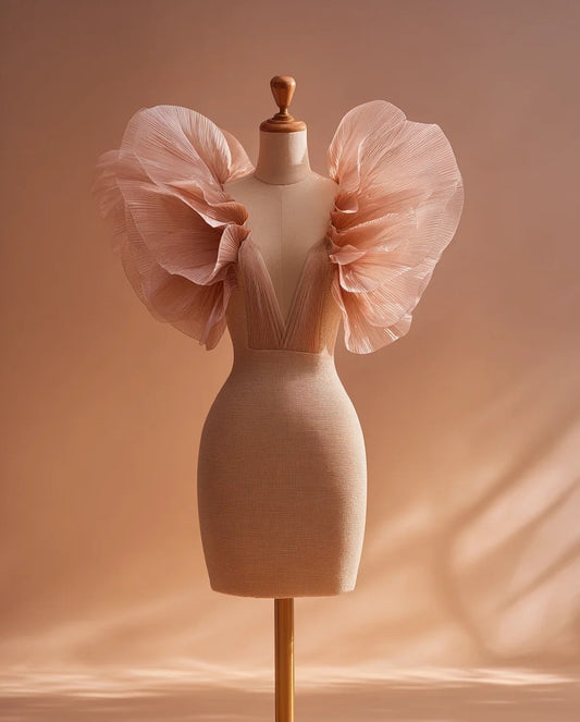 Vogue V-Neck Sheath Birthday Gowns Short Tulle Sleeve Pleated Homecoming Dress AP4330