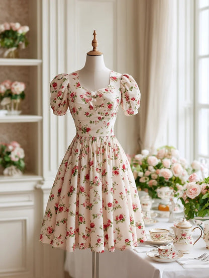 Casual A-Line Square Neck Birthday Dress Floral Print Short Sleeve Homecoming Dress AP4339