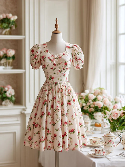 Casual A-Line Square Neck Birthday Dress Floral Print Short Sleeve Homecoming Dress AP4339