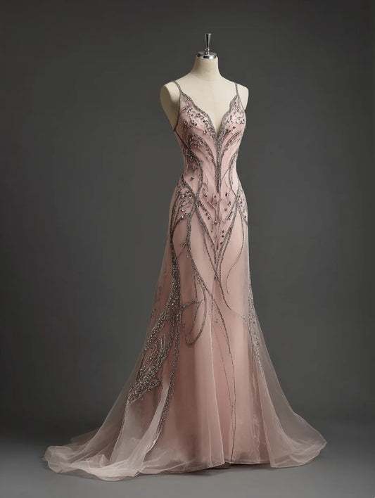 Bling Sheath Spaghetti Strap Evening Dress Beading Rhinestones Sequins Tulle Prom Dress AP4340