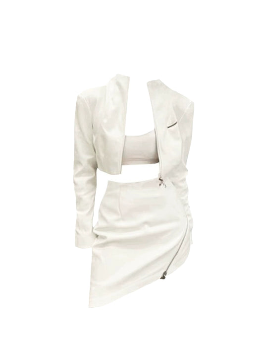 Hottie Outfit Strapless 3-Piece Set White Mini Skirt Chic Bodycon Asymmetric Hem Long Sleeve Zipper Design Short Dress AP4343
