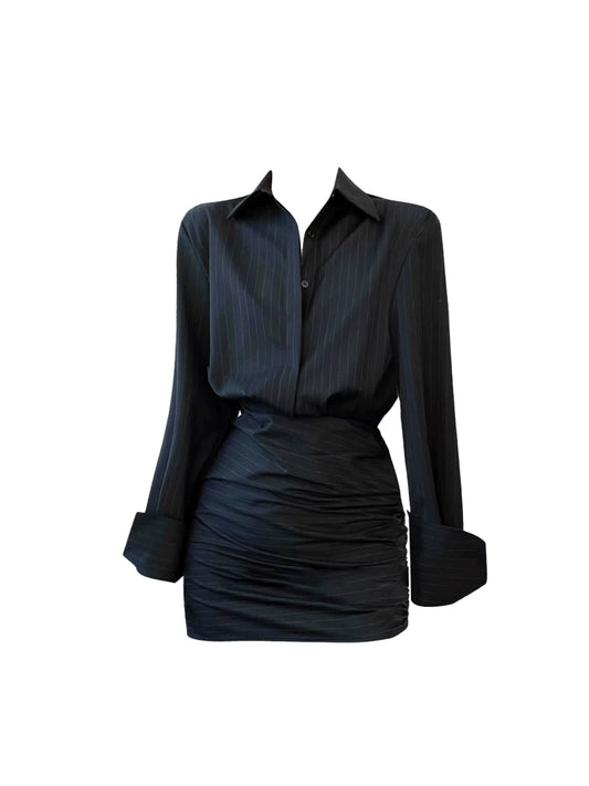 Everyday Wear Lapel Neck Mini Skirt Office Outfit Bodycon Long Sleeve Stripe Short Dress AP4346