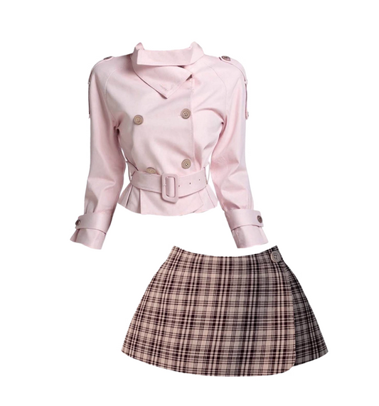 Refined A-Line 2-Piece Set Mini Skirt Vogue Long Sleeve Pink Jacket Plaid Short Dress AP4349