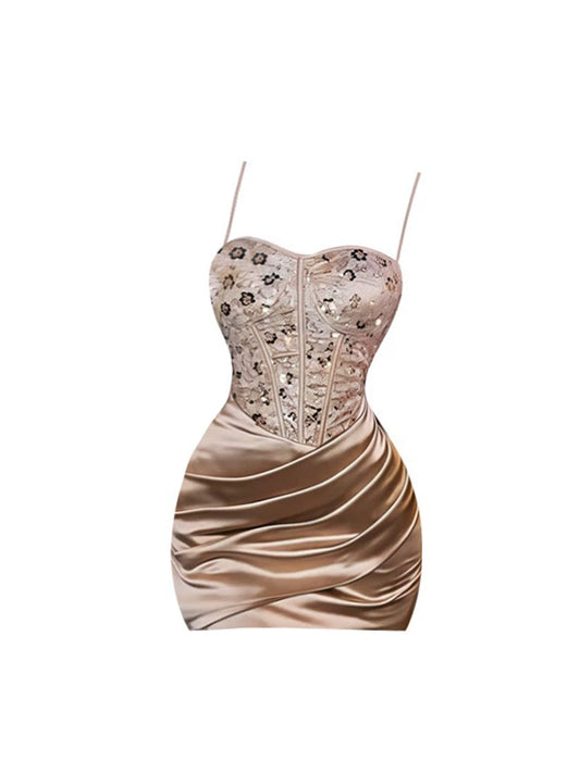 Beautiful Spaghetti Strap Party Outfit Mini Skirt Glittering Bodycon Sequins Pleated Short Dress AP4350