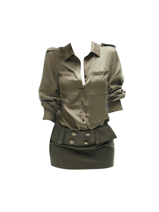 Superb Lapel Neck 2-Piece Set Mini Skirt Vintage Rivet Sheath Long Sleeve Short Dress AP4352