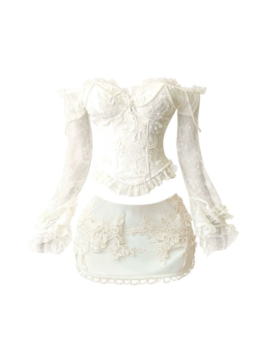 Wonderful Off Shoulder 2-Piece Set Sheath Mini Skirt Elegant Sheer Tulle Long Sleeve White Short Dress AP4353