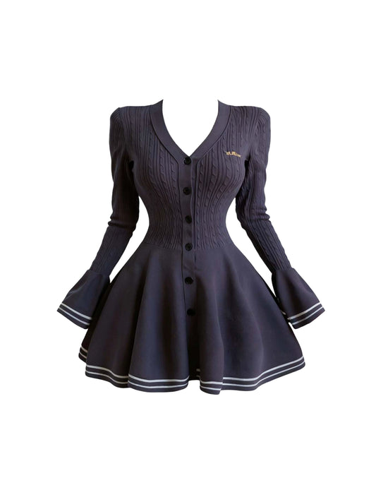 Amazing A-Line V Neck Knitted Mini Skirt Retro Flared Long Sleeve Cinched-Waist Short Dress AP4354