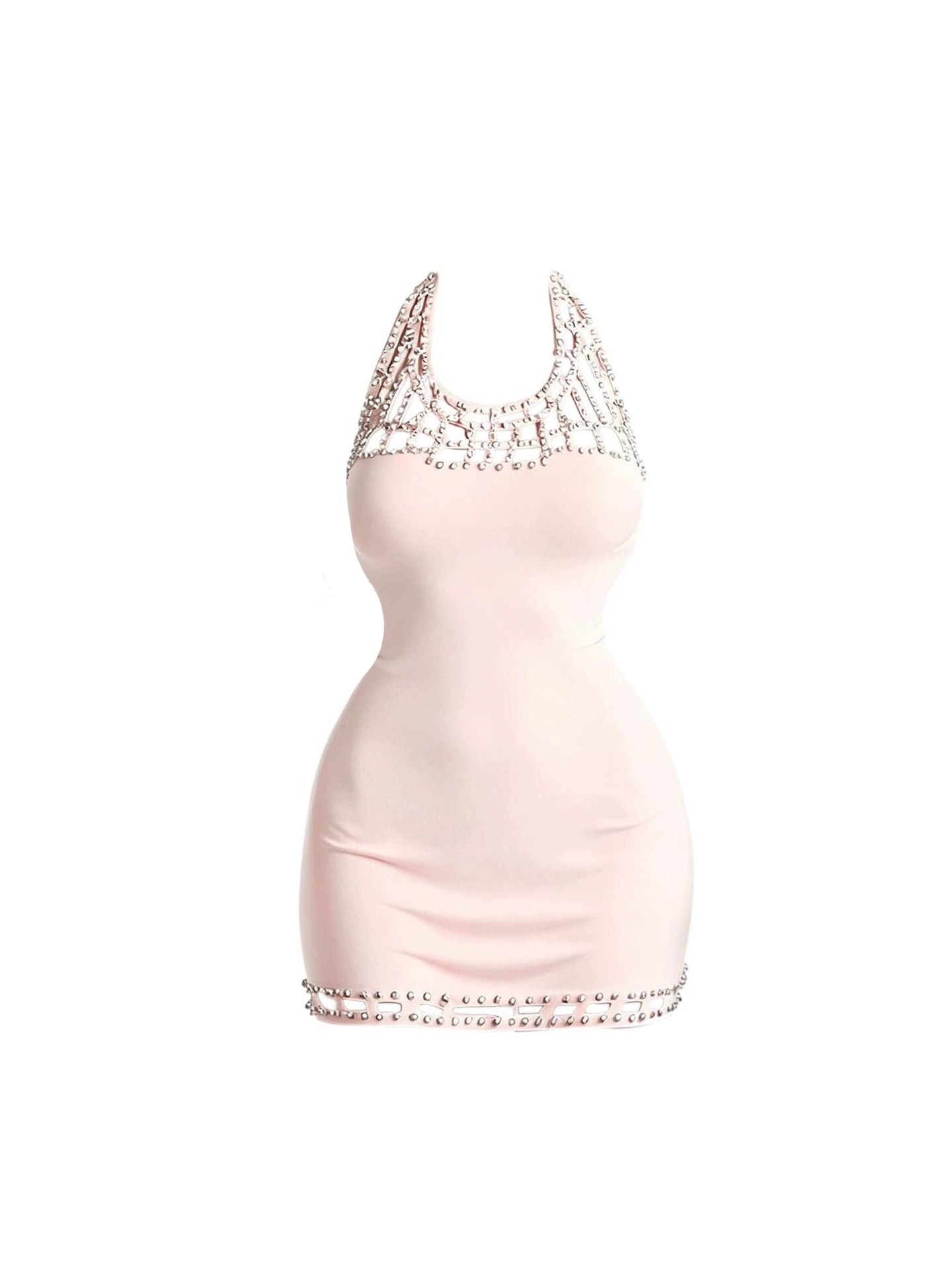 Fascinating Bodycon Cutout Pink Mini Skirt Charming Beaded Halter Short Dress AP4356