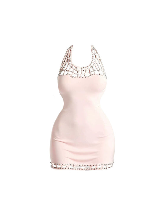Fascinating Bodycon Cutout Pink Mini Skirt Charming Beaded Halter Short Dress AP4356