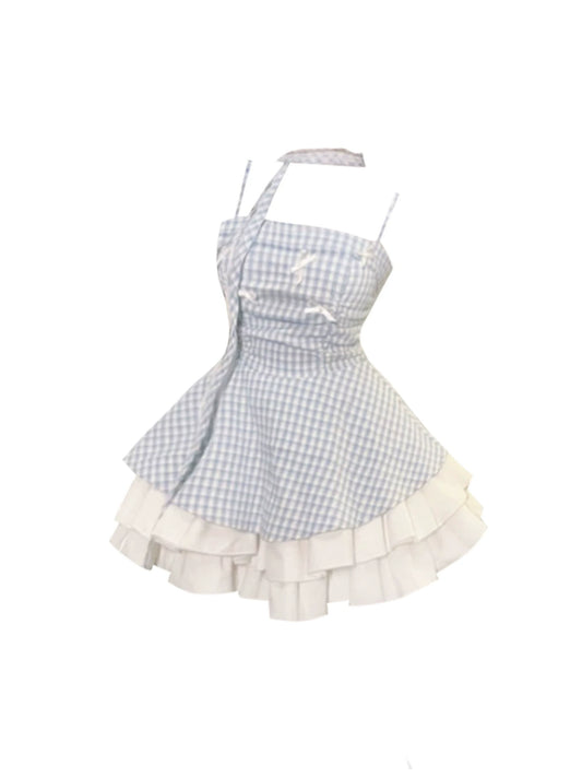 Splendid Spaghetti Strap Plaid Mini Skirt Sweet Bows Ruffles Hem Tiered A-Line Short Dress AP4357