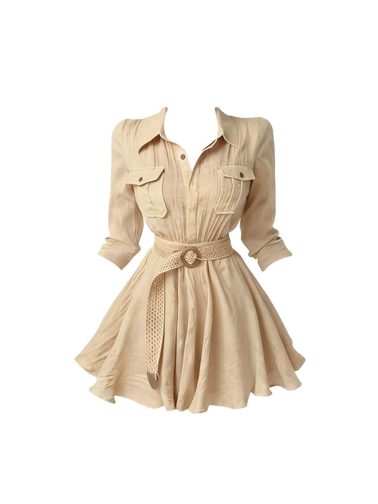 Romantic A-Line Lapel Neck Mini Skirt With Pocket Everyday Wear Long Sleeve Beige Short Dress AP4361