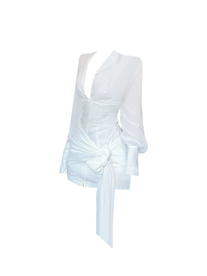 Chic V Neck White Knot Front Mini Skirt Glam Sheath Long Sleeve Backless Short Dress AP4364