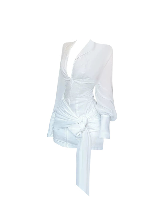 Chic V Neck White Knot Front Mini Skirt Glam Sheath Long Sleeve Backless Short Dress AP4364