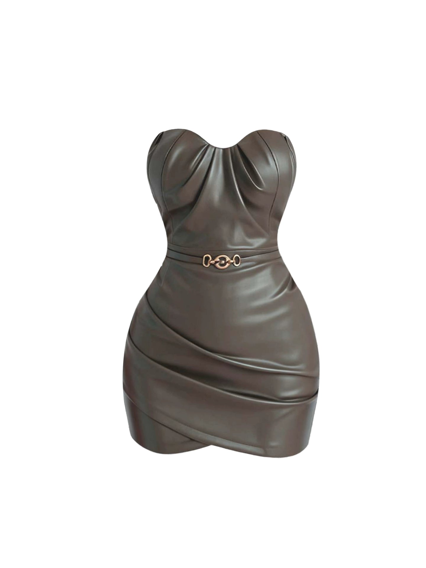 Luxurious Sheath Strapless Faux Leather Mini Skirt Y2K Style Clubwear & Party Night Outfit Gold Buckle Accent Short Dress AP4365