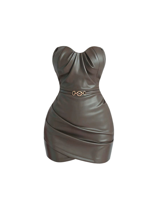 Luxurious Sheath Strapless Faux Leather Mini Skirt Y2K Style Clubwear & Party Night Outfit Gold Buckle Accent Short Dress AP4365