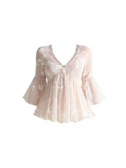 Elegant Beaded V Neck 2-Piece Set Lace Tiered Mini Skirt Adorable Floral Blouse With Bell Sleeves Sheath Short Dress AP4368