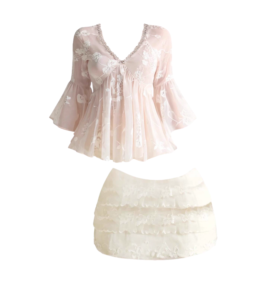 Elegant Beaded V Neck 2-Piece Set Lace Tiered Mini Skirt Adorable Floral Blouse With Bell Sleeves Sheath Short Dress AP4368