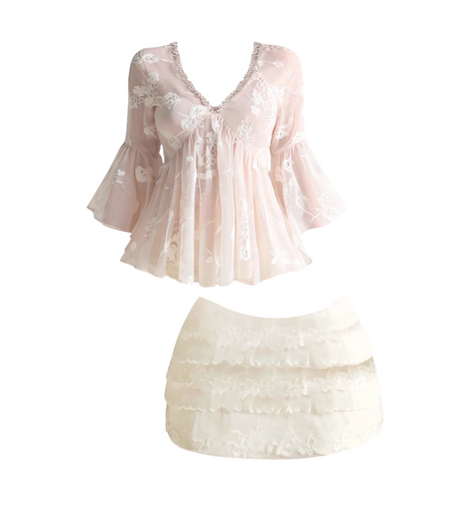 Elegant Beaded V Neck 2-Piece Set Lace Tiered Mini Skirt Adorable Floral Blouse With Bell Sleeves Sheath Short Dress AP4368